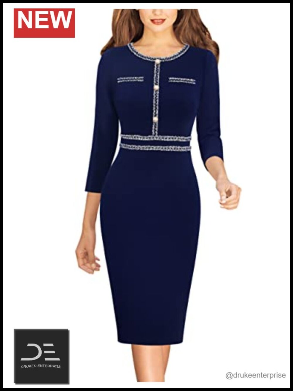 VFSHOW Women's Crew Neck Button Business Casual Knee-Length Pencil Dress